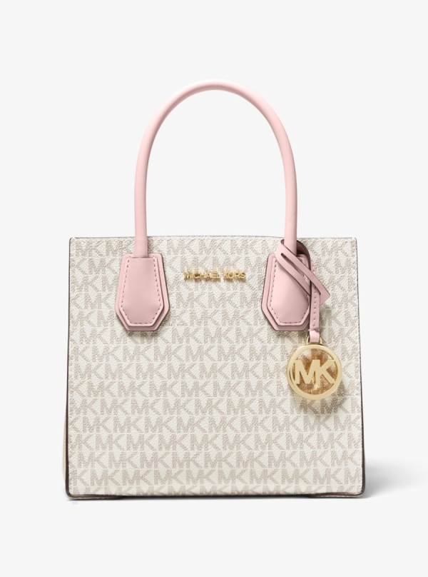 Damske Prenosná Taška Michael Kors Mercer Medium Logo and Leather Accordion Ruzove Biele - Kabelky Michael Kors Levně | AEKBD-1598